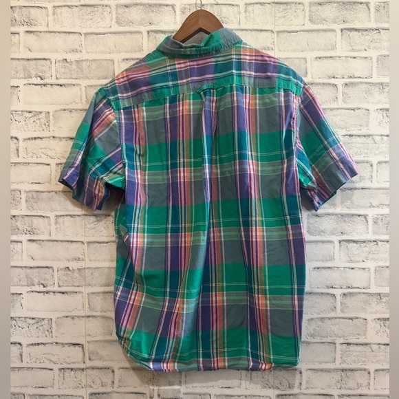 Men~ Lands End multi colored plaid short sleeve casual button down shirt M 38-40 - Picture 2 of 4